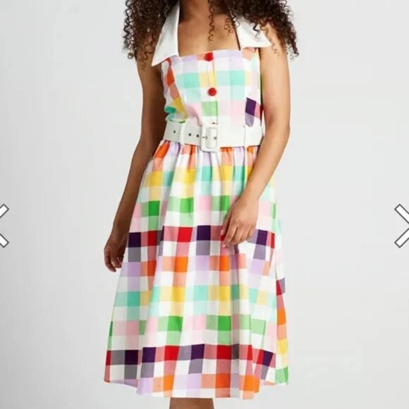 Collectif Rainbows Over Hollywood Gingham HALTER Swing Dress Size 18 40s Pin-Up - Picture 1 of 7